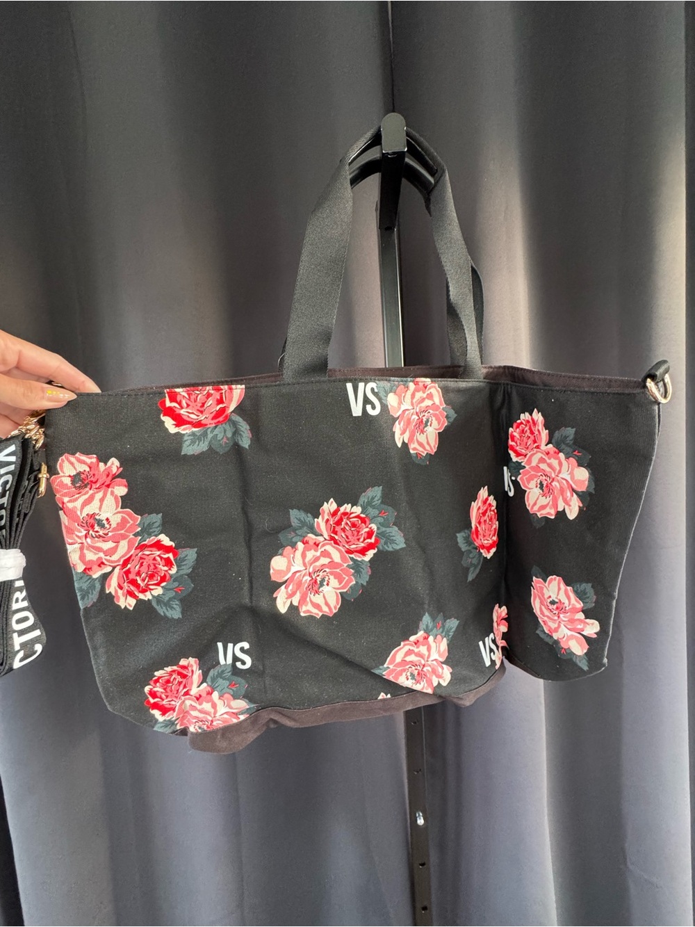 Victoria's Secret Black Tote with Pink Rose Print - Picture 2 of 3
